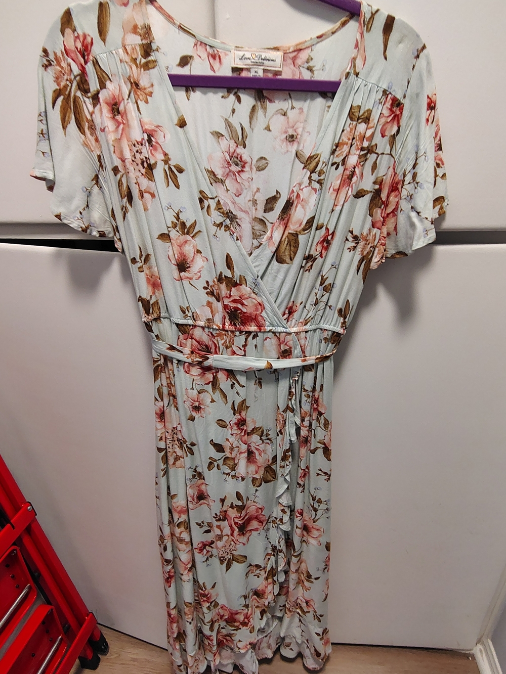 Love Delirious Light Blue Floral Maternity Maxi Wrap Dress with Pink Roses XL